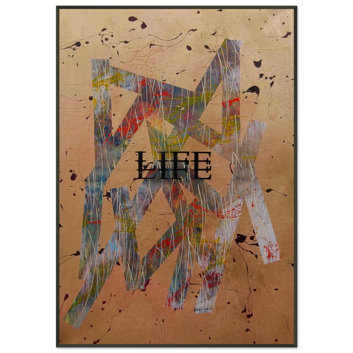 Moderner Kunstdruck „Goldene Basis“ im Aluminium-Metallrahmen mit edlen Gold und Erdtönen – luxuriöse Wandkunst für moderne Raumgestaltung.